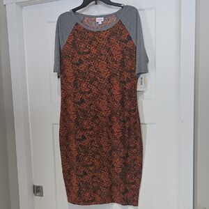 LuLaRoe Orange and Gray Patterned Midi Dress